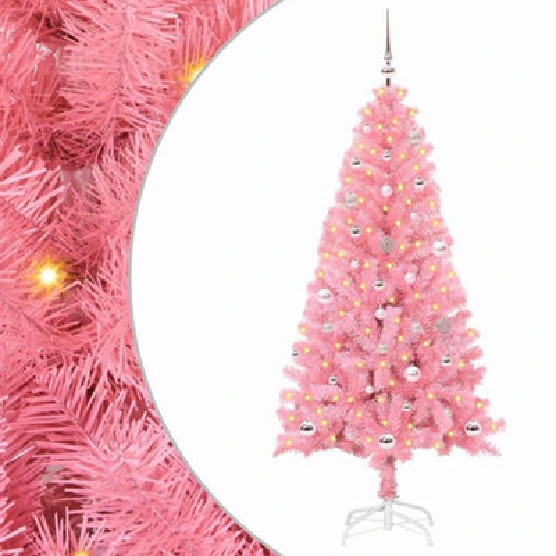 Image of vidaXL Christmas Tree with 150 LEDs, Pink Balls with Stand Pink 150cm PVC, Pink 3396418