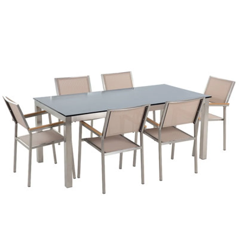 Image of Beliani Garden Dining Set 6 Seater Grosseto Tempered Glass Black/ Beige