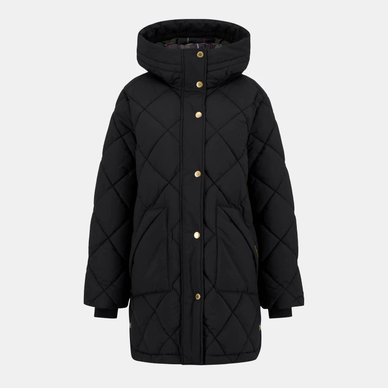 Image of Barbour Womens Kailyn Hooded Long Sleeve Medium Puffer Jacket Black/C Tartan female 18 (2XL)