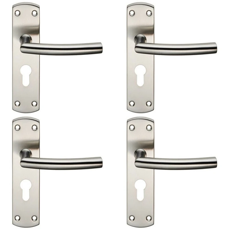 Image of Loops 4x Curved Bar Lever Door Handle on Euro Lock Backplate 172 x 44mm Satin Steel Metallics