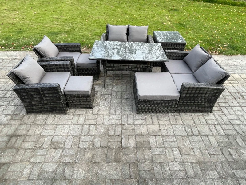 Image of Fimous Garden Furniture Sets 9 Pieces Rattan Furniture Handmade Wicker Patio Sofa Set with 3 Footstools Side Table in Dark Grey Dark Grey Unisex