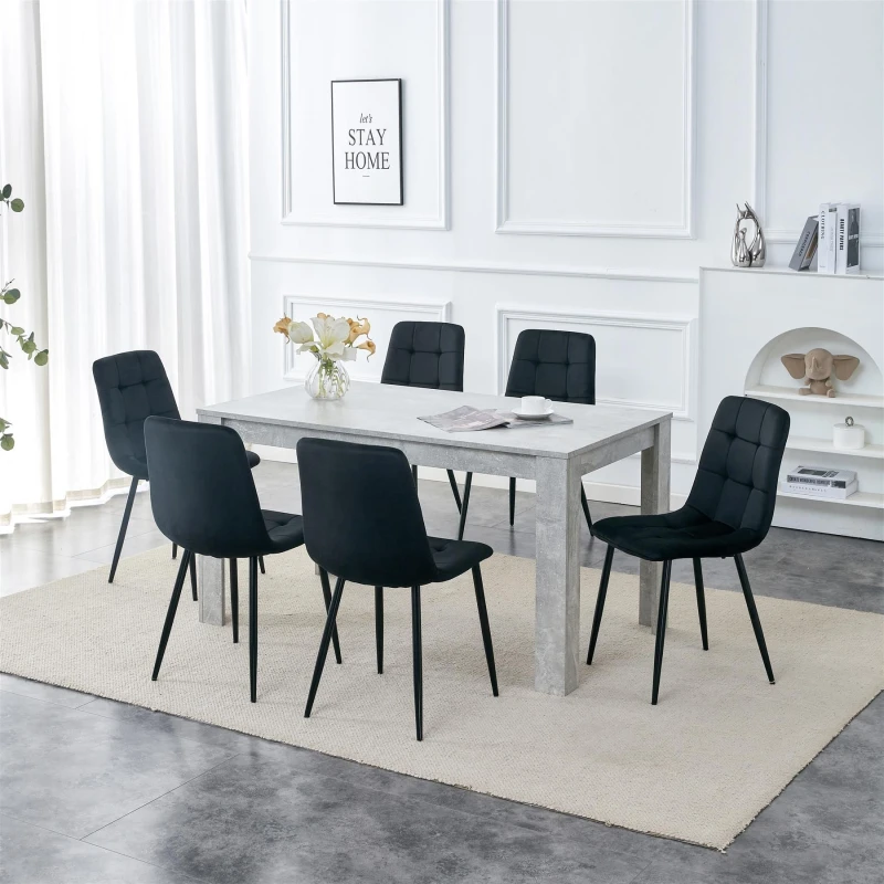 Image of KOSY KOALA Kosy Koala - Dining Table and 6 Chairs Stone Grey Effect Wood Table 6 Black Velvet Chairs Dining Room Stone grey 140 + 6 Black rocco chairs