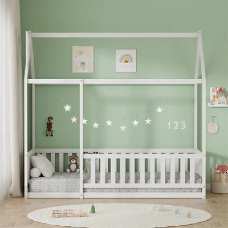 Image of Furniturehmd Wooden Childrens House Bed Frame With Fall Out Protection,solid Pine Wood Kids Bed