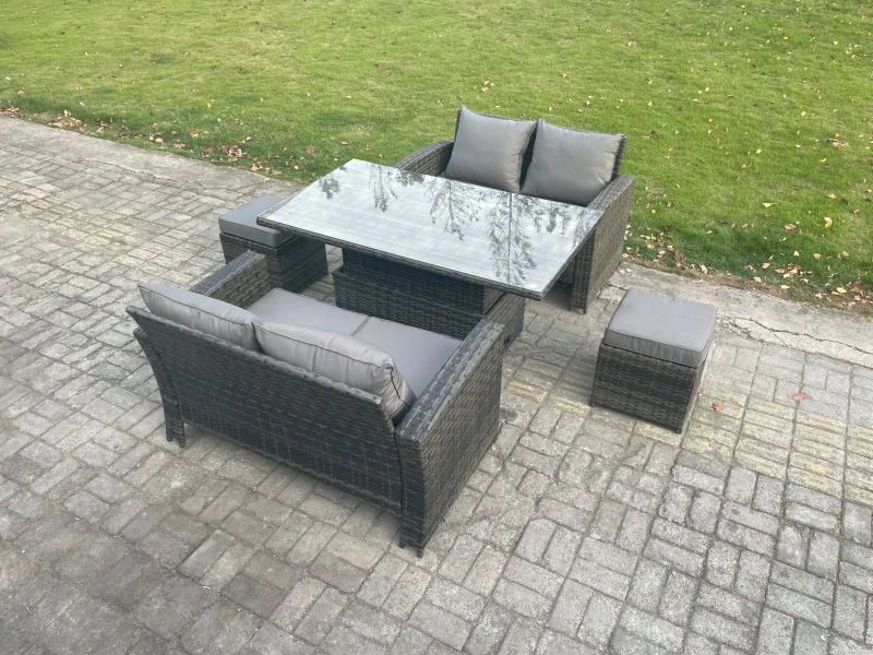 Image of Fimous 5 Pieces Garden Furniture Sets Poly Rattan Outdoor Patio Height Adjustable Rising Lifting Table Sofa Dining Set with 2 Small Footstools Dark Gr