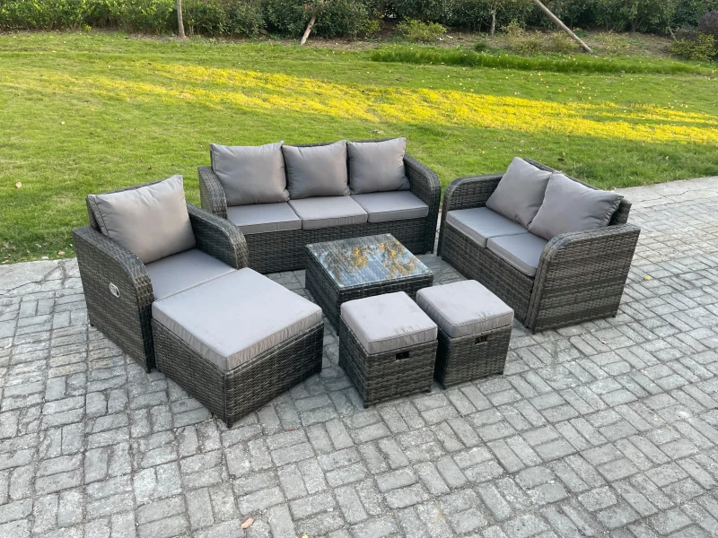 Image of Fimous Rattan Garden Furniture 7 Piece Patio Set With Table Sofa Square Coffee Table Reclining Chair Love seat sofa Side Dark Grey