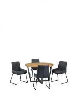 Image of Julian Bowen Brooklyn 120 Cm Solid Oak And Metal Round Dining Table + 4 Soho Chairs