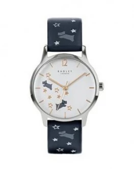 Image of Radley Blue With Rose Gold And Grey Detail Dial Blue Star And Dog Print Leather Strap Ladies Watch