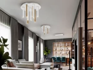 Image of Varas Dimmable Ceiling 9 Light Cluster Drop, Gold, Matt White, Dimmable, 3000K