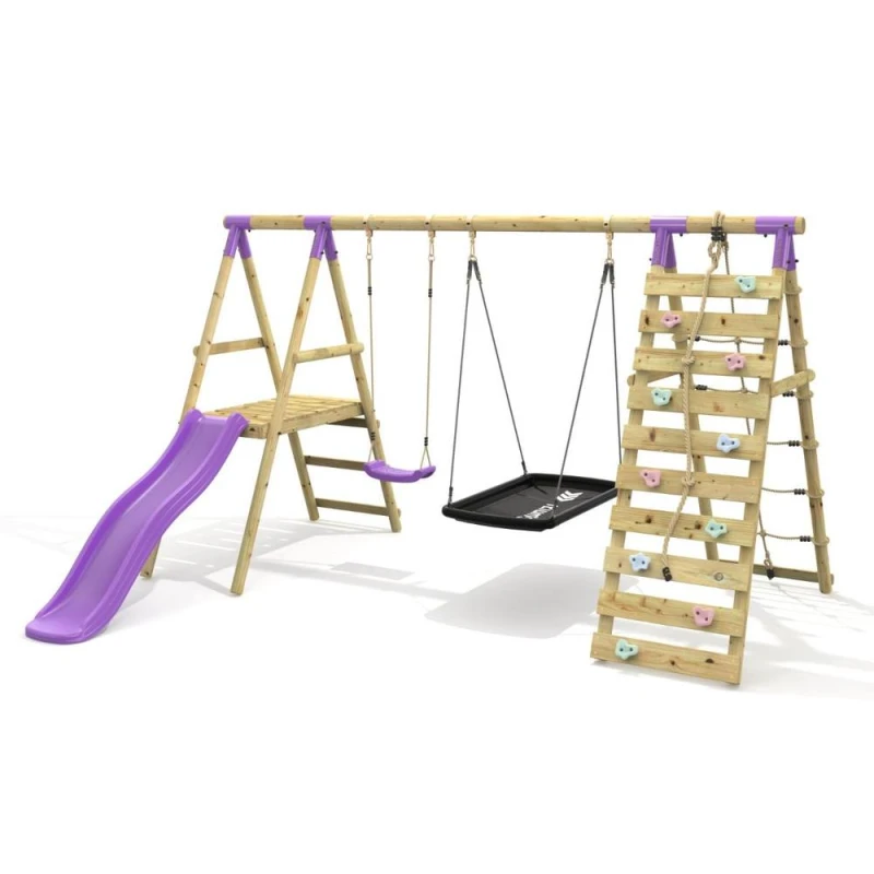 Image of OutdoorToys Double Swing Set with Climbing Wall & Slide - Quartz Purple Purple Unisex