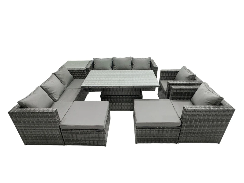 Image of Fimous Rattan Dining Table Sofa Set with Side Table 2 Stools Outdoor 10 Seat in Dark Grey Dark Grey Unisex
