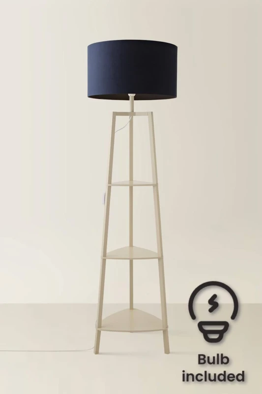 Image of ValueLights ValueLights Hiru Cream 3 Tier Wooden Shelf Floor Lamp with Drum Shade and Bulb in Navy Navy One Size Unisex 5059406070693