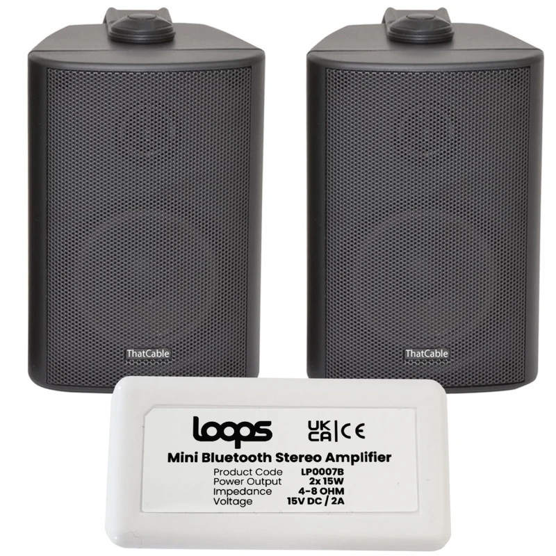 Image of Loops Wireless Bluetooth Amplifier & 2x 70W Black Wall Mounted Speakers Amp System Black unisex