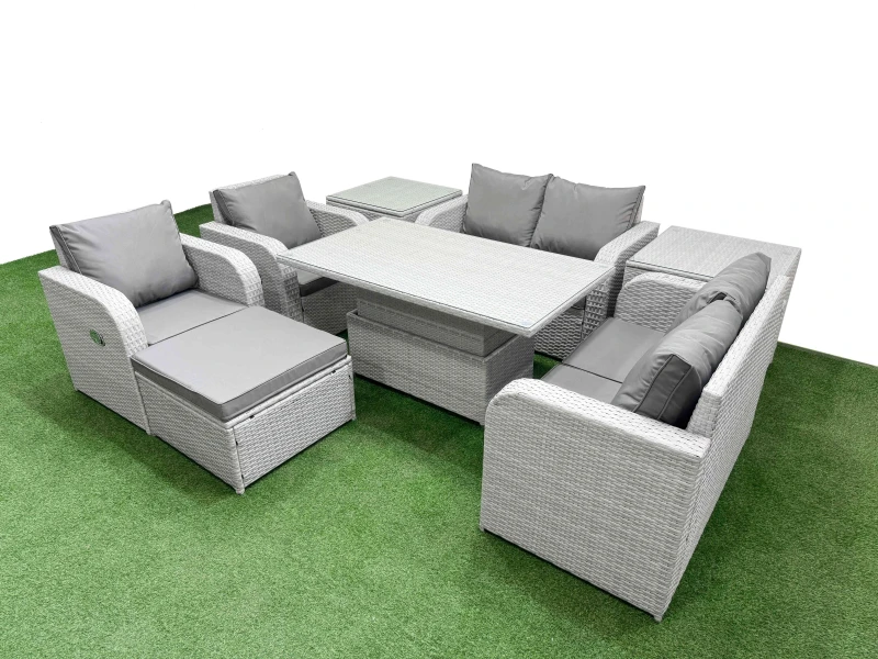 Image of Fimous 7 Seater Outdoor Reclining Chair Love Sofa Set Rattan Garden Furniture Set with Adjustable Lifting Dining or Coffee Table Footstool 2 Side Tabl