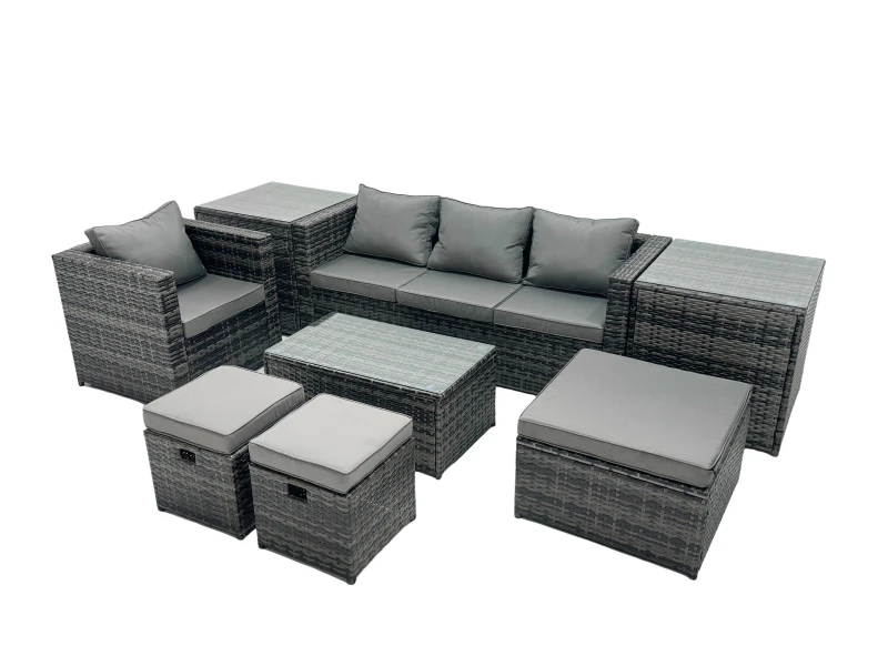 Image of Fimous Outdoor Coffee Table Sofa Set with 2 Side Tables 2 Small Footstools in Dark Grey Dark Grey Unisex