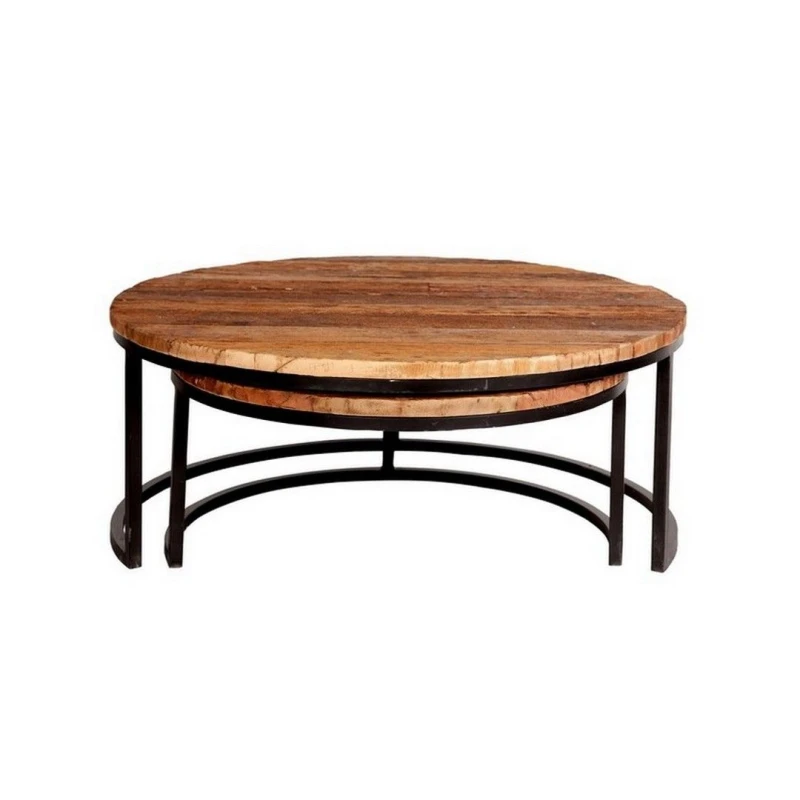 Image of Indian Hub Round Railway Sleeper Set of 2 Coffee Tables - Metal - L90 x W90 x H40cm in Brown Brown Unisex