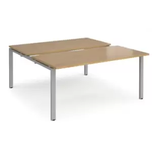 Image of Bench Desk 2 Person Rectangular Desks 1600mm With Sliding Tops Oak Tops With Silver Frames 1600mm Depth Adapt