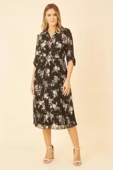 Image of Black Floral Print Midi Dress With Gold Buckle Belt Detail