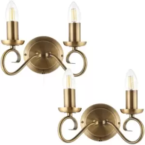 Image of 2 PACK Dimmable LED Twin Wall Light Antique Brass Chandelier 2x Bulb Lamp Kit