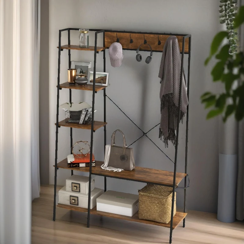 Image of Rafaelo Mobilia Industrial Coat Hanger Stand With Shoe Storage Rustic Brown Brown Unisex