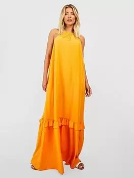 Image of Boohoo Halterneck Ruffle Hem Maxi Dress - Orange, Size 8, Women