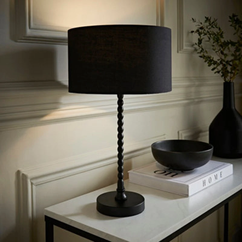 Image of ValueLights ValueLights Maeve Fabric Drum Lamp Shade Matte Black Bobbin Bobble Table Lamp with LED Bulb Black One Size Unisex 5059406067204
