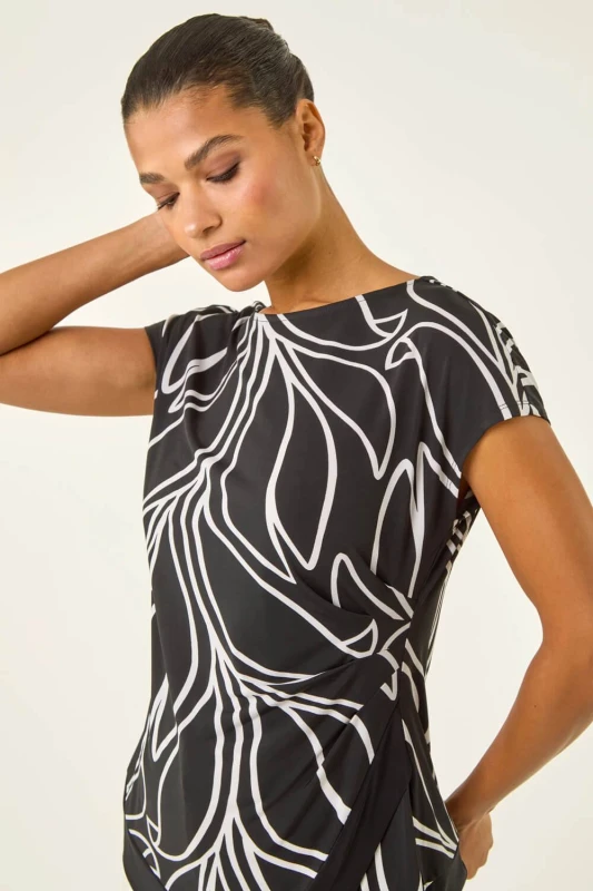 Image of Roman Womens Floral Print Asymmetric Stretch Top in Black Size: 18 Black Female 18