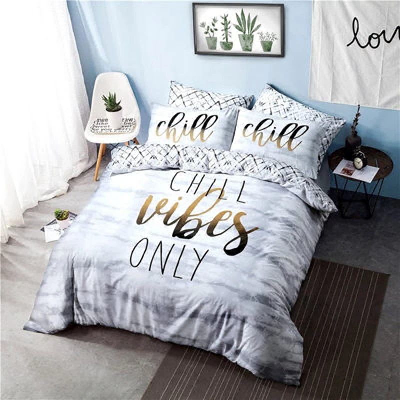 Image of Gr8 Home Sleepdown Chill Vibes Only Slogan Waves Duvet Set Quilt Cover Polycotton Bedding Double
