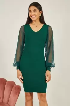 Image of Green Knitted Body Con Dress With Chiffon Sleeve