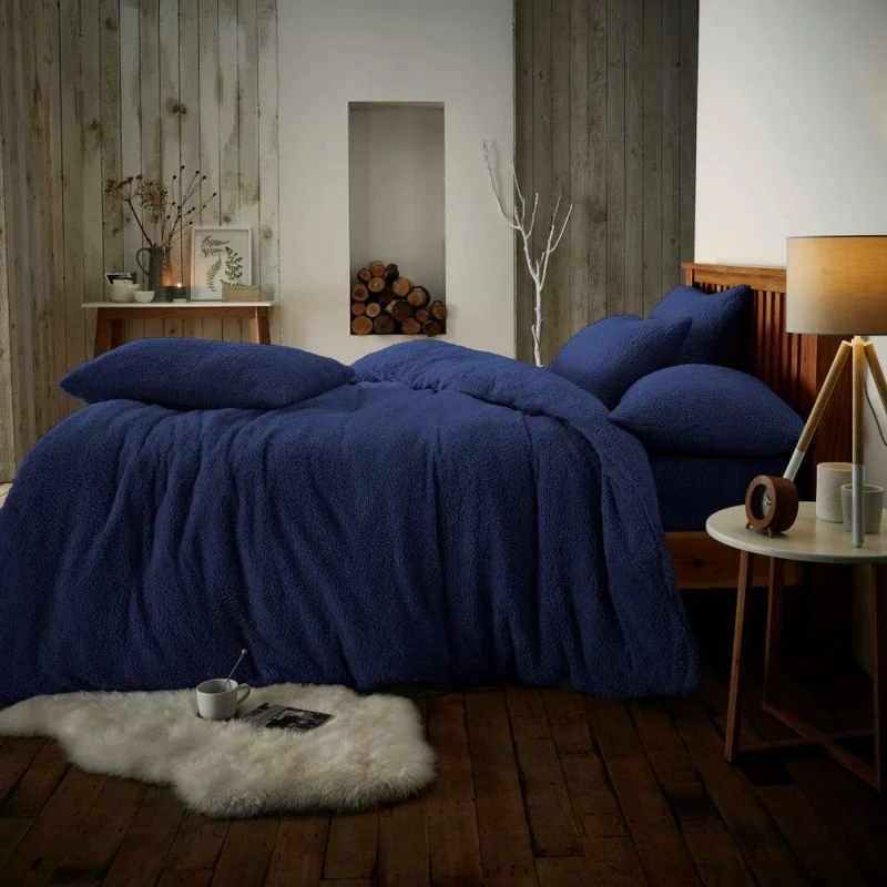 Image of Smart Living Smart Living Luxury Teddy Plain Duvet Cover and Pillowcase Set in Navy Size: Double Navy Double Unisex 5051346445258