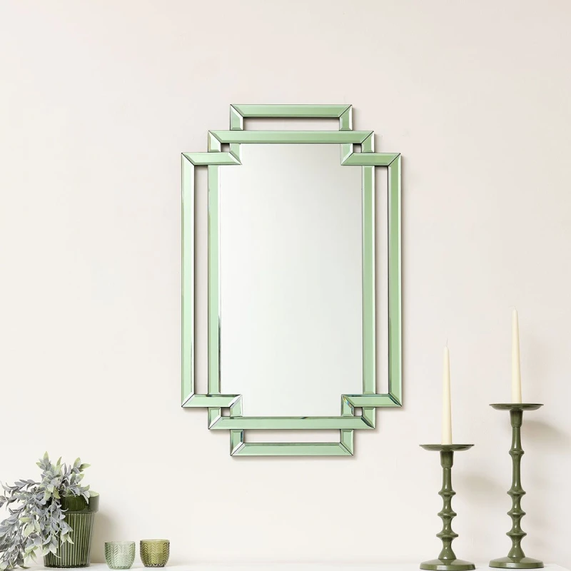 Image of Melody Maison Green Glass Art Deco Rectangle Wall Mirror - 80cm X 50cm Green