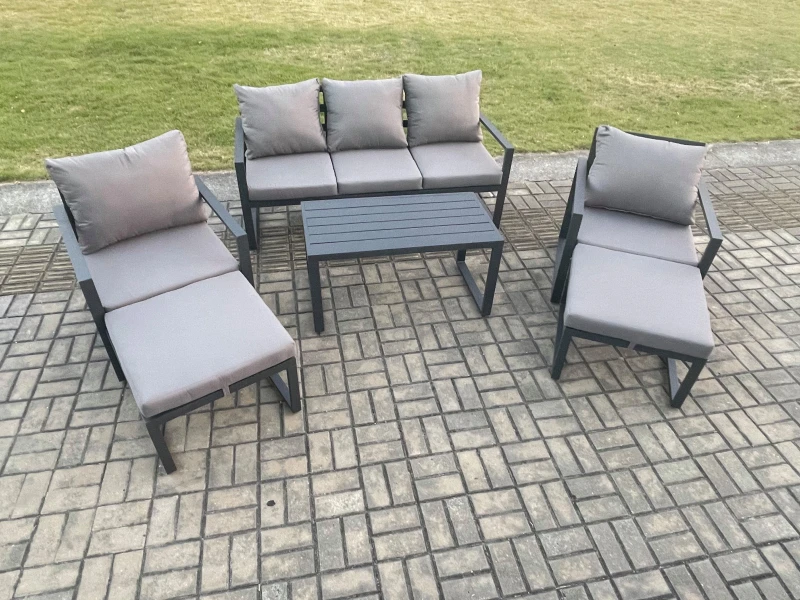 Image of Fimous Aluminium 6 Pieces Garden Furniture Sofa Set with Cushions 7 Seater Outdoor Patio Set with 2 Armchair 2 Big Footstools Dark Grey Dark Grey Unis