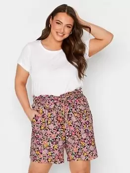 Image of Yours Paper Bag Waist Short Floral Bright, Black, Size 34-36, Women