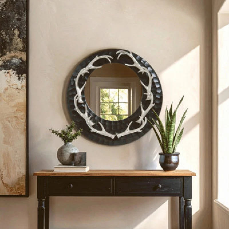 Image of Orsina Brown And Nickel Finish Wall Mirror, Round Wall Mirror With Texture, Decorative Wall Mirror