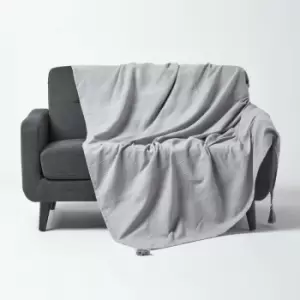 Image of Cotton Rajput Ribbed Silver Grey Throw, 225 x 255cm - Grey - Homescapes