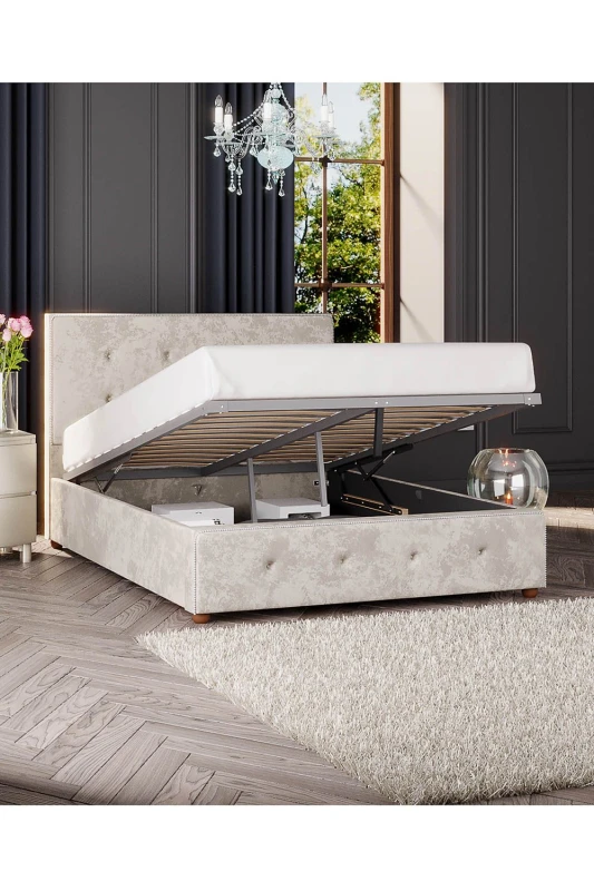 Image of Laurence Llewelyn-Bowen Laurence Llewelyn-Bowen Hesper Ottoman Storage Bed in Mirazzi Velvet Fabric, Custom Made in Ivory Size: Double Ivory Double