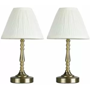 Image of Minisun - 2 x Vintage Antique Brass Touch Table Lamps With Pleated Cream Shade - No Bulbs