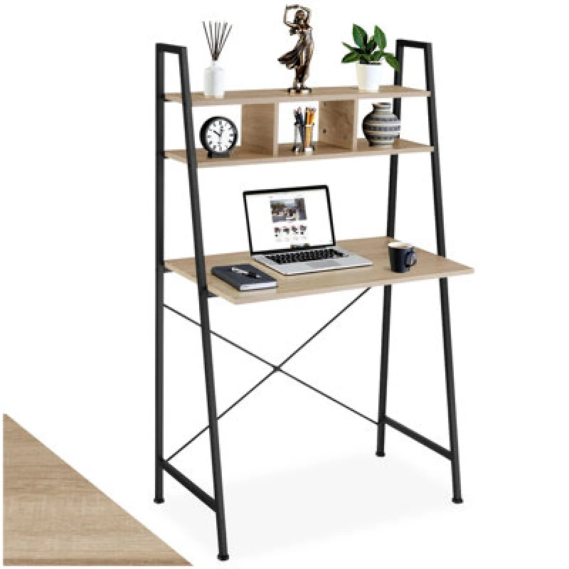 Image of Tectake Desk Exeter - Overhead Storage Shelves, 3 Compartments - Industrial Wood Light, Oak Sonoma