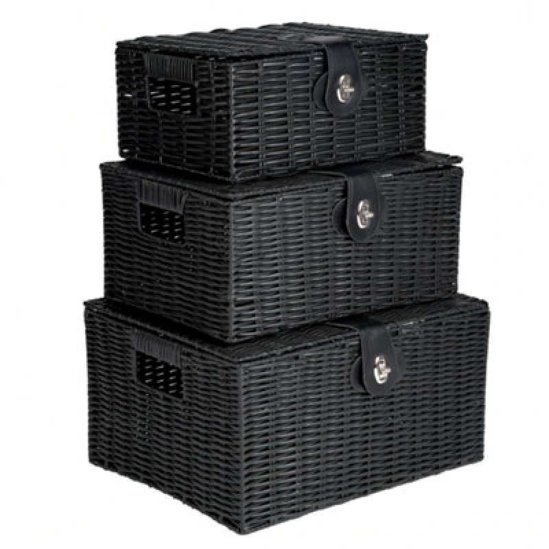 Image of Innoteck Essentials Wicker Woven Storage Baskets With Lid (Set Of 3) - Black.