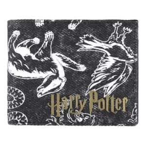 Image of HARRY POTTER Wizards Unite Logo and Hogwarts Houses Symbols All-Over Print Bi-fold Wallet, Male, Black (MW566828HPT)