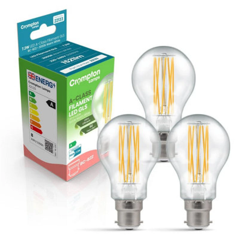 Image of Crompton Lamps LED Ultra-Efficient GLS 7.2W B22 Dimmable A-Class Warm White Clear (100W Eqv)
