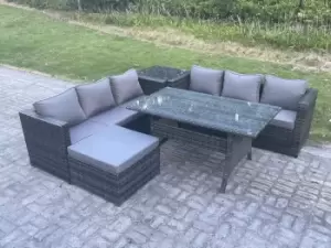 Image of Fimous 6 Seater Outdoor Dark Grey Wicker Rattan Lounge Complete Sofa Set with Rectangular Dining Table, Sofa and Big Footstool