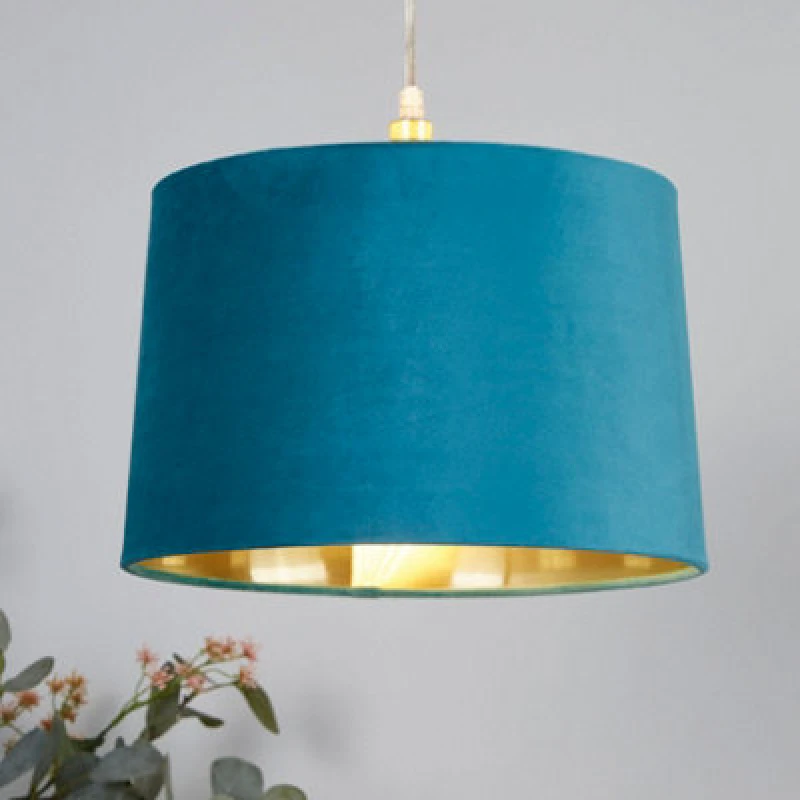 Image of Lighting Collection Velvet Gleam Teal Drum Pendant Shade With Gold Inner Lining