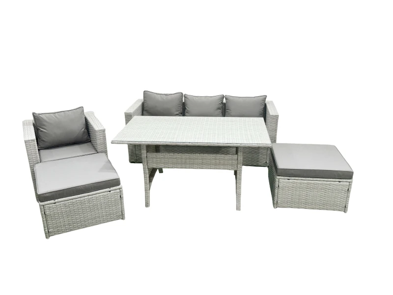 Image of Fimous Rattan Garden Furniture Set Outdoor 6 Seater Patio Dining Sets with Glass Top Dining Table Light Grey Mixed Light Grey