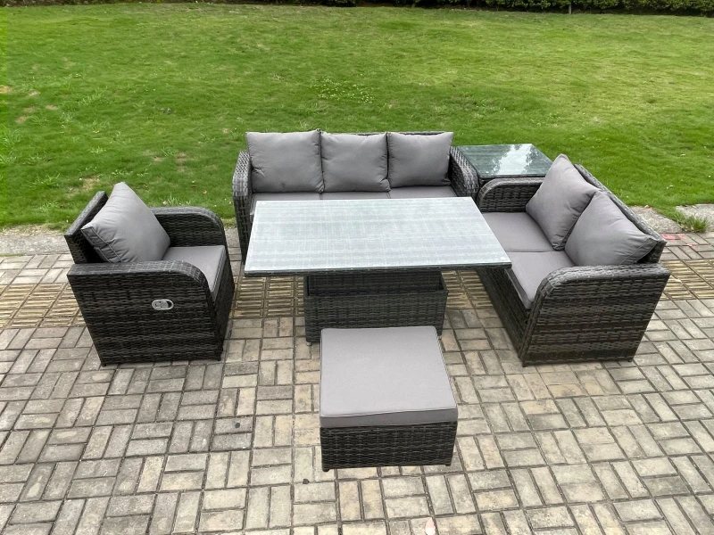 Image of Fimous Outdoor Rattan Furniture Garden Dining Set Patio Height Adjustable Rising lifting Table Reclining Chair Sofa With Side Table Big Footstool Dark