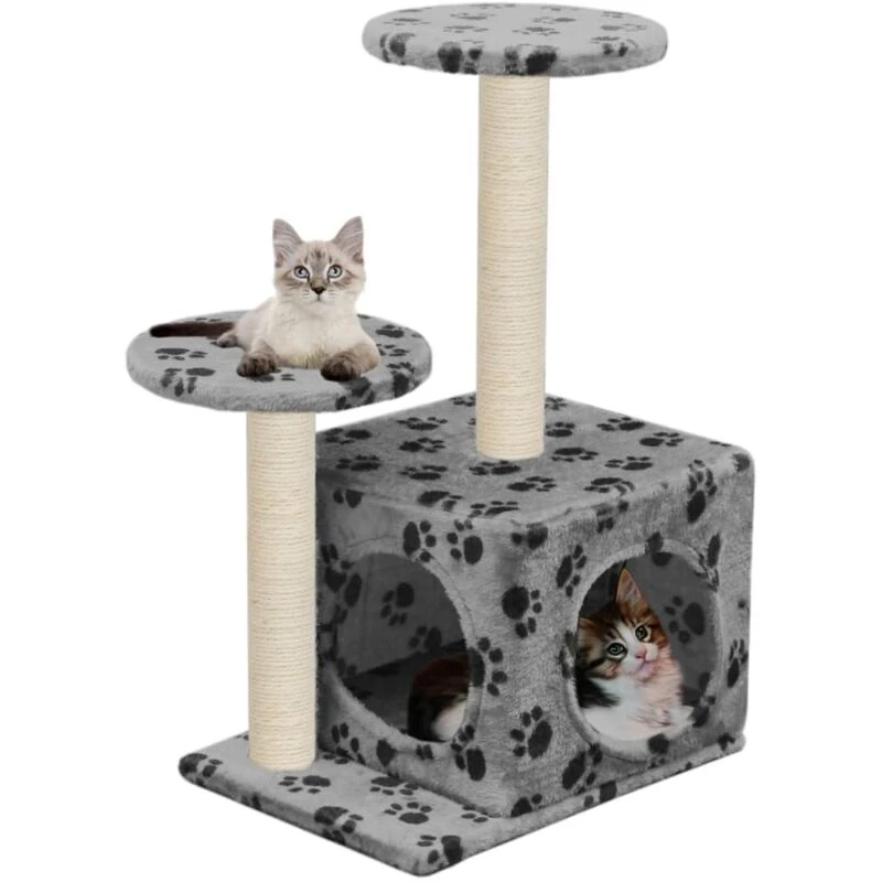 Image of vidaXL Cat Tree with Sisal Scratching Posts 60cm Grey Paw Prints Playhouse