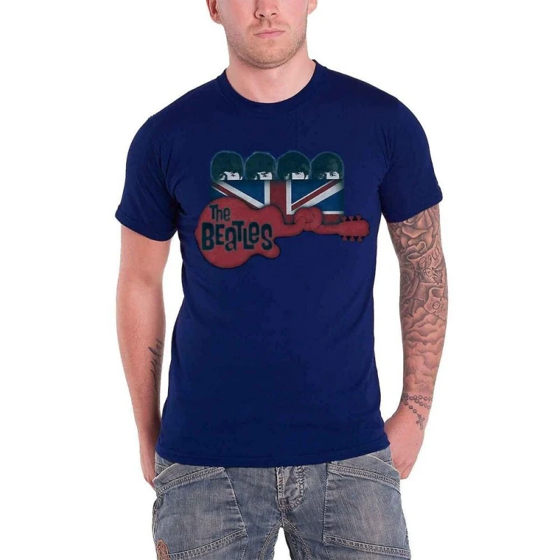 Image of The Beatles The Beatles Men Guitar & Flag T-Shirt in Navy Size: large Navy L Male 5063238513471
