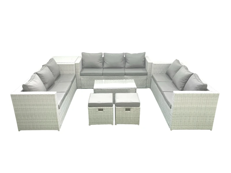 Image of Fimous Rattan Garden Outdoor Furniture Set 11 Seater Garden Sofa Coffee Table Set with 2 Small Footstool Side Table Light Grey Mixed Light Grey
