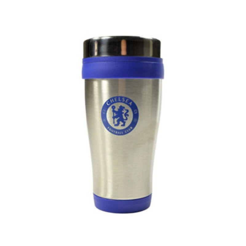 Image of Chelsea FC Chelsea FC Executive Metallic Travel Mug in Silver Silver One Size Unisex 5063425344581