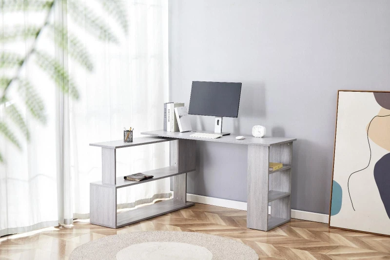 Image of KOSY KOALA Grey Office Desk L-Shaped with Storage Shelves - Wooden Room Furniture for Home, Study, & Office Grey Unisex