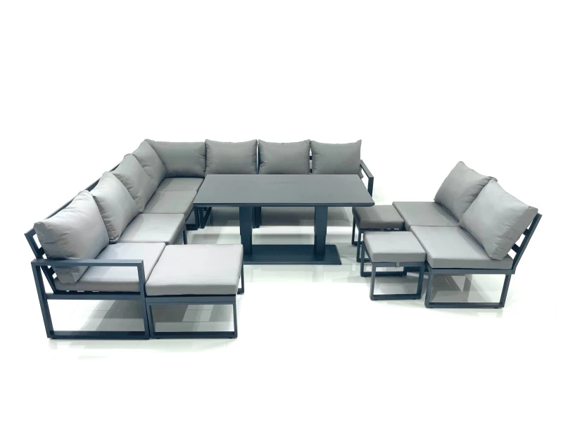 Image of Fimous 12 Seater Outdoor Aluminum Garden Furniture Set Corner Sofa 3 Footstools Rising Lifting Dining Table Sets Dark Grey Dark Grey Unisex